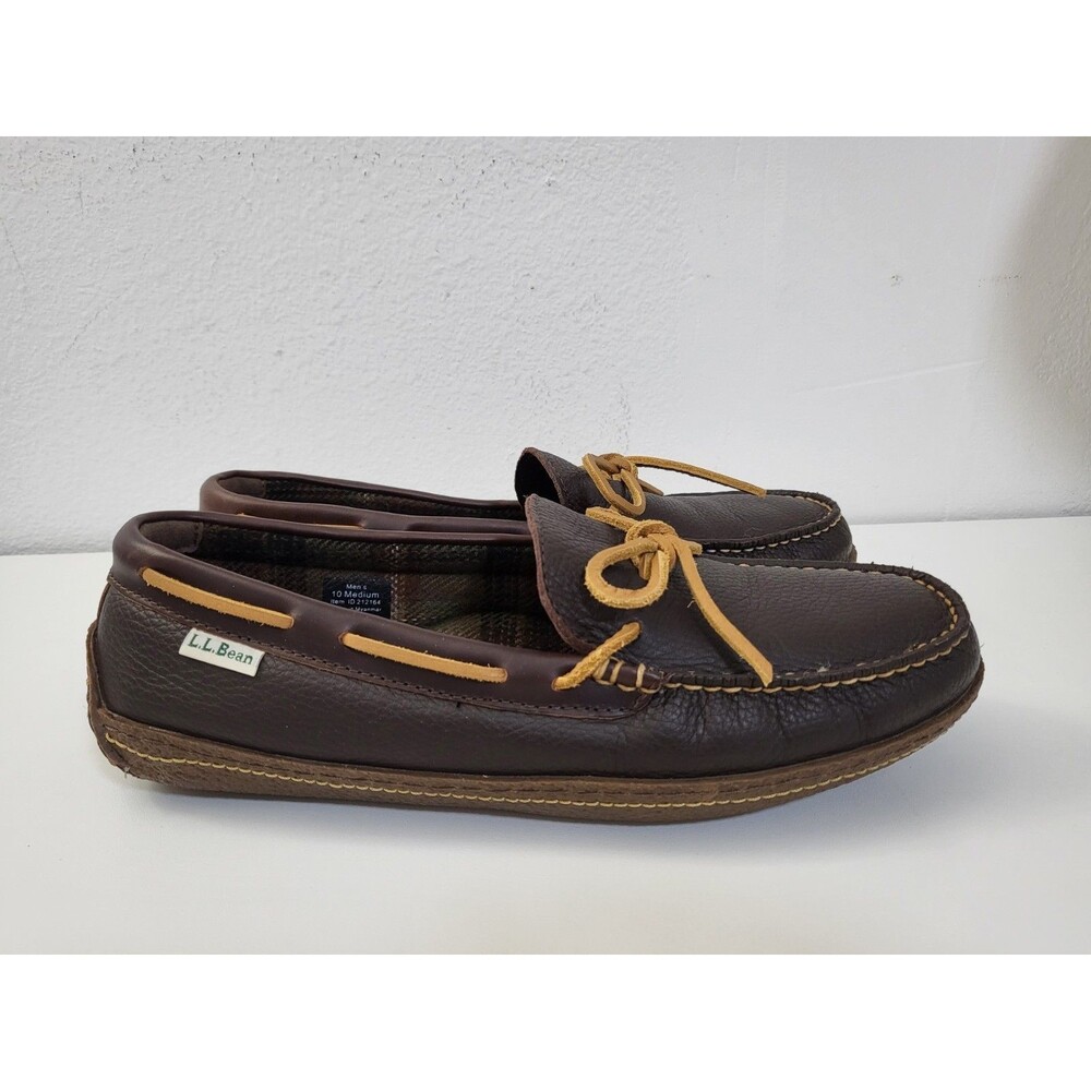 LL BEAN Handsewn Slippers Mens 10 Brown Leather Moccasin Flannel Lined EUC